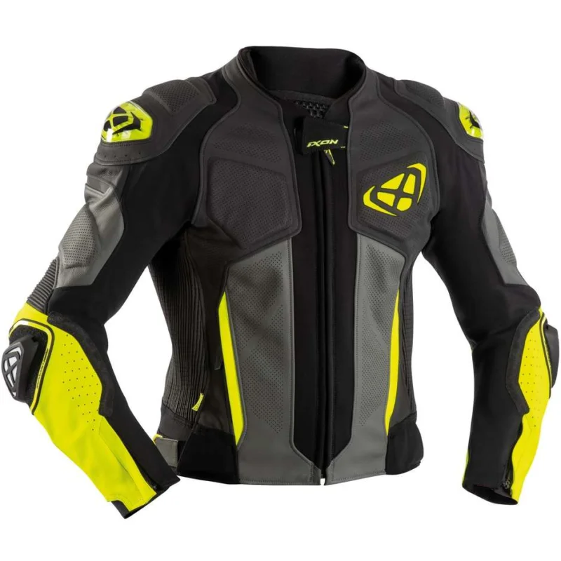 Giacca Moto in Pelle Ixon VENDETTA JK EVO Nero Antracite Giallo Vivo Reso Gratuito