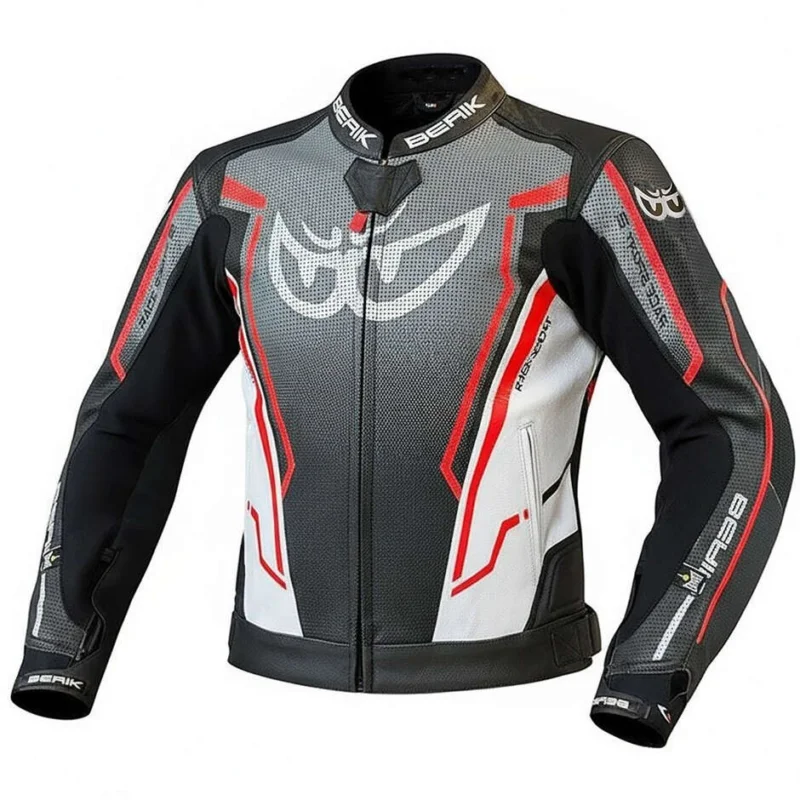 Giubbotto Moto in Pelle Berik LJ-181334C Nero Bianco Grigio Rosso Fluo Popolare