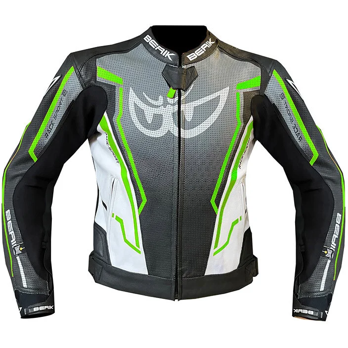 Spedizione Gratuita Giubbotto Moto in Pelle Berik LJ-181334C Nero Bianco Grigio Verde Fluo
