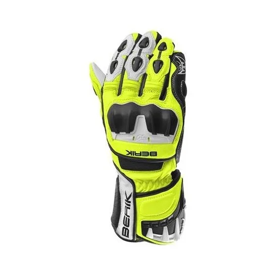 Reso Gratuito Berik G-195109-BK Leather Motorcycle Gloves Black Yellow Fluo White