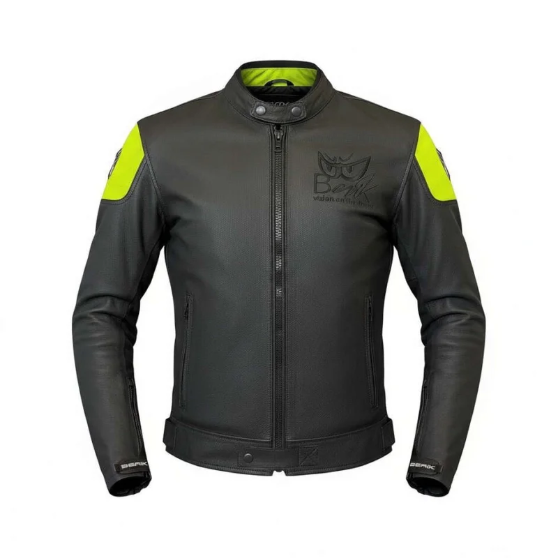 Berik LJ-221324-BK Black Yellow Fluo Leather Motorcycle Jacket Di Tendenza