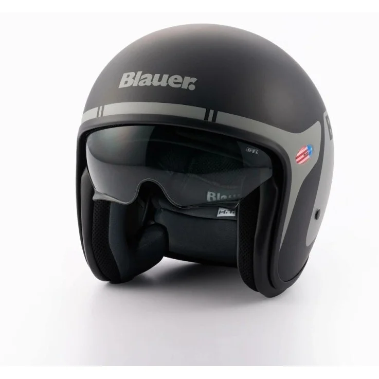 Occasione Blauer Pilot 1.1 06 Vintage Jet Motorcycle Helmet with Go Graphics, Matte Black Titanium