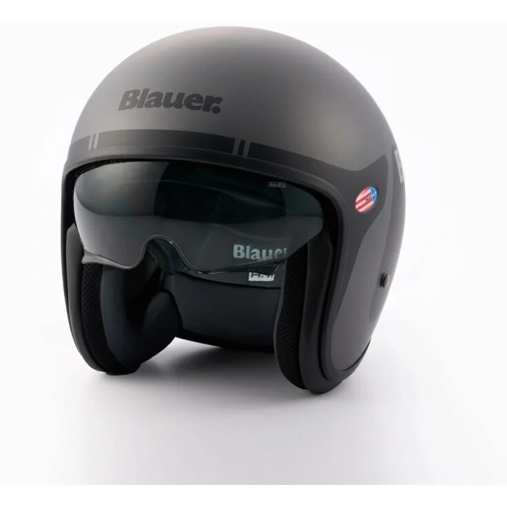 Blauer Pilot 1.1 06 Vintage Jet Motorcycle Helmet with Go Graphics, Matt Titanium Black Professionale