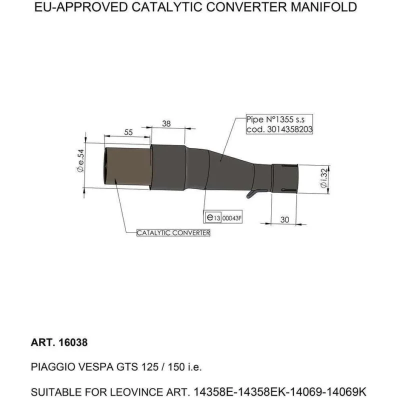 Catalytic Converter Manifold Leovince 16038 Specific For PIAGGIO Vespa GTS125/150i.e. (17-20) Soddisfatti O Rimborsati