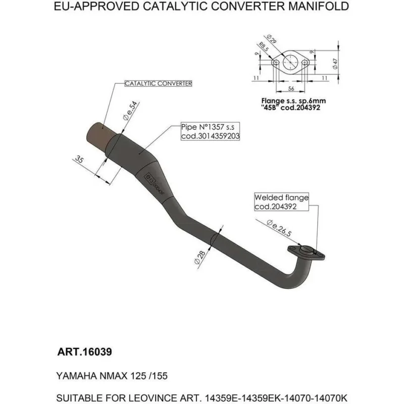 Subito Disponibile Catalytic Converter Manifold Leovince 16039 Specific For YAMAHA NMAX125 (17-20); NMAX155 (16-17)