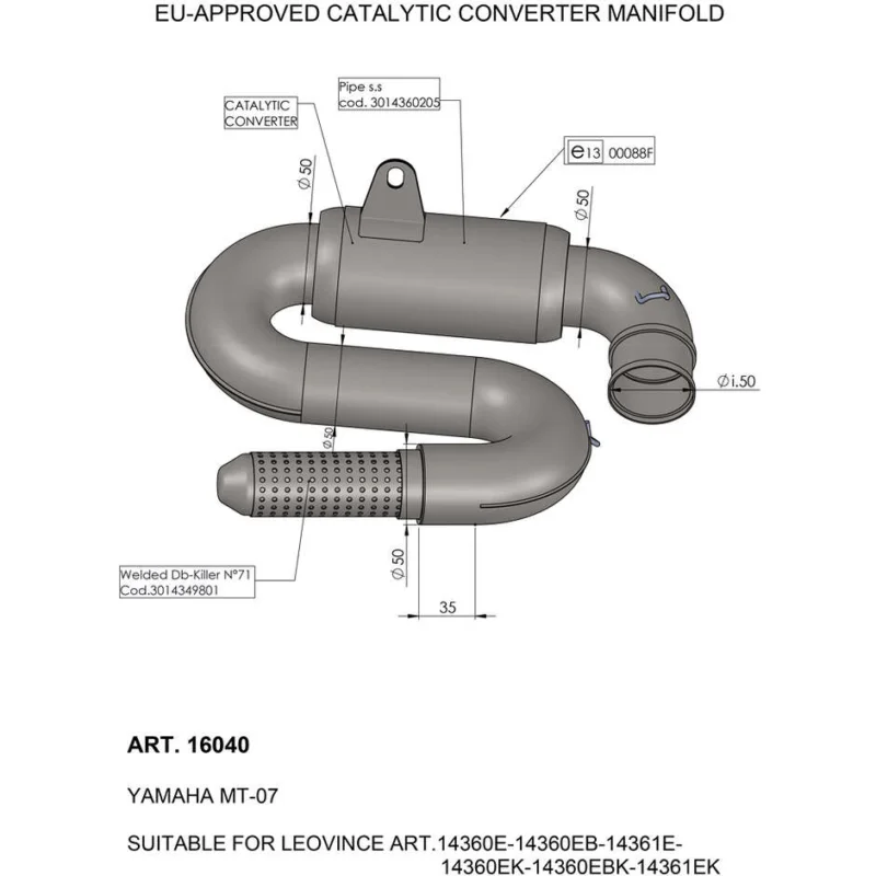 Saldi Catalytic Converter Manifold Leovince 16040 Specific For YAMAHA MT-07 (21-24); XSR700 (21-25); YZF-R7 (22-25); Tracer7/GT (21-22)
