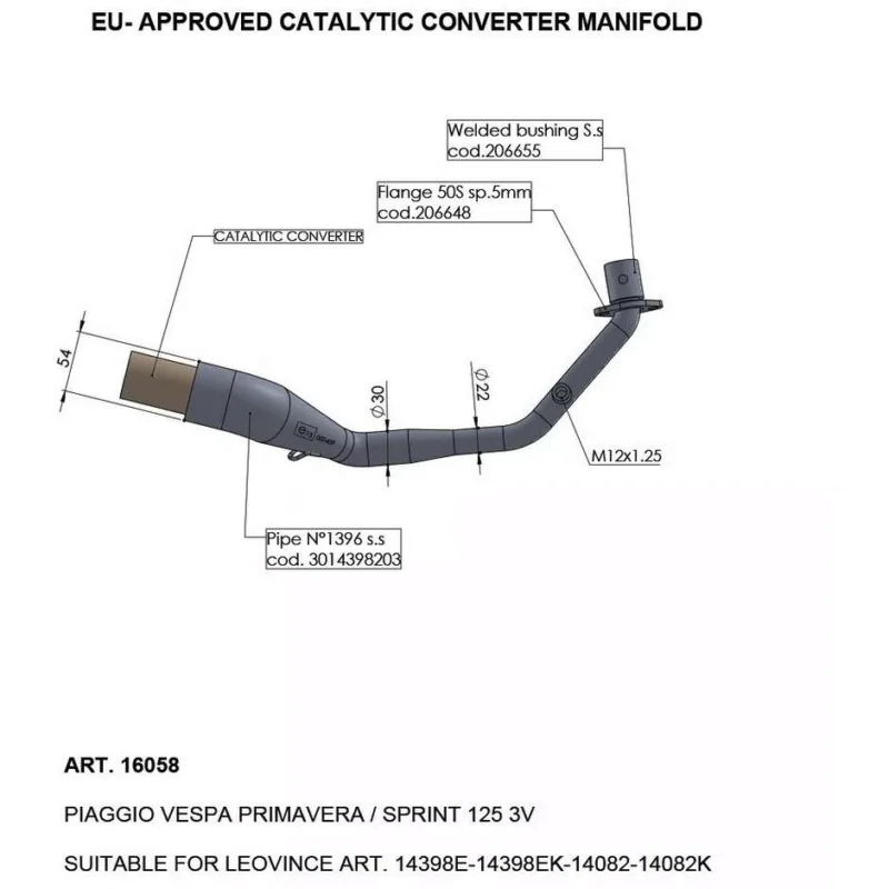 Catalytic Converter Manifold Leovince 16058 Specific for PIAGGIO Vespa Primavera/Sprint 125 3V (21-24) Occasione
