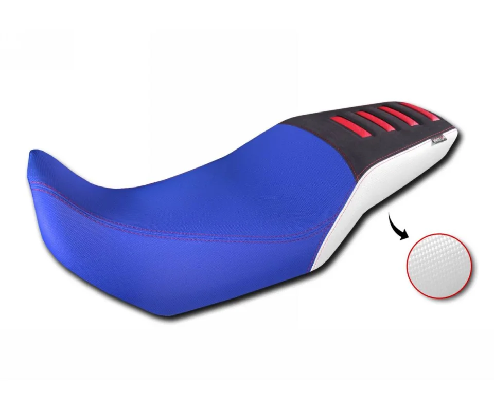 Rivestimento Sella Isotta Comfort In Fibra 3d Blu, Bianco E Nero Con Inserti Rossi Per Honda Transalp Xl 750Modelli dal 2023 al 2026 RV004-B3 Soddisfatti O Rimborsati