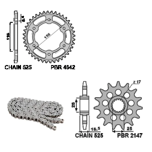 Saldi Kit Trasmissione PBR Catena Corona Pignone 17 / 38 / 525 PBR KTM 1390 SuperDuke RModelli dal 2024 al 2026 EK2990G